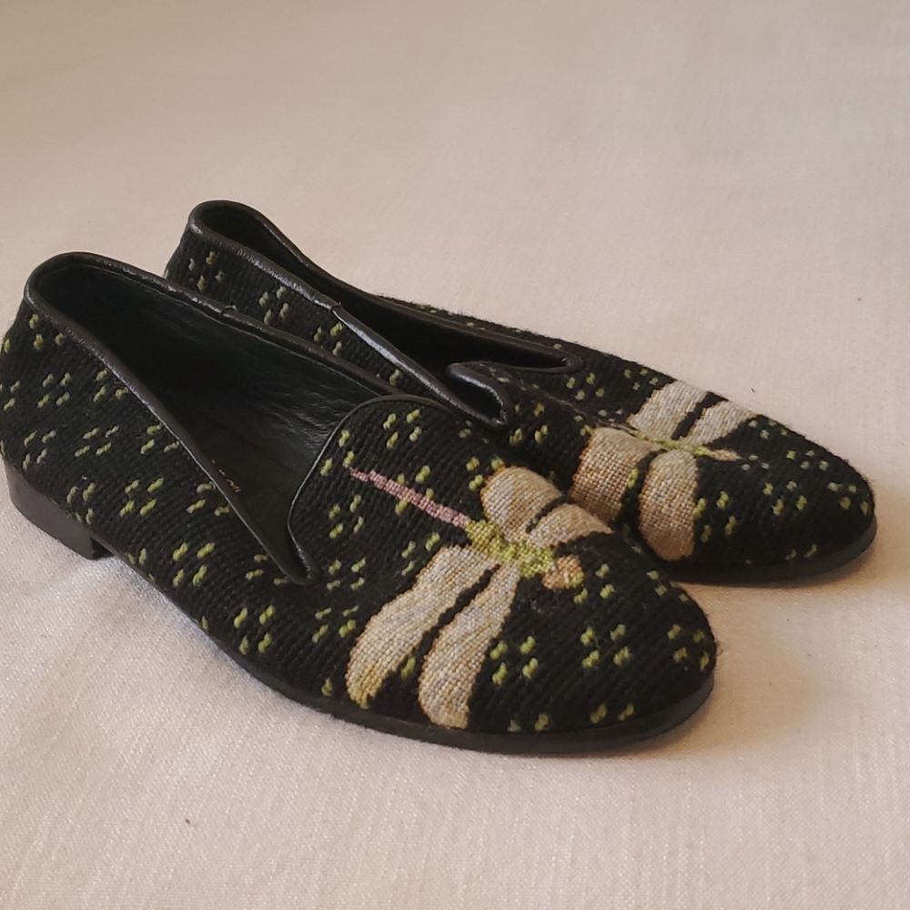 💥 SOLD 💥Larkspur Dragonfly Needlepoint Shoes 7M - Picture 1 of 6